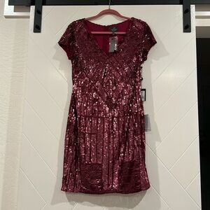 NWT Adrianna Papell Red Sequin Beaded Short Sleeve V-Neck Sheath Womens Dress 12